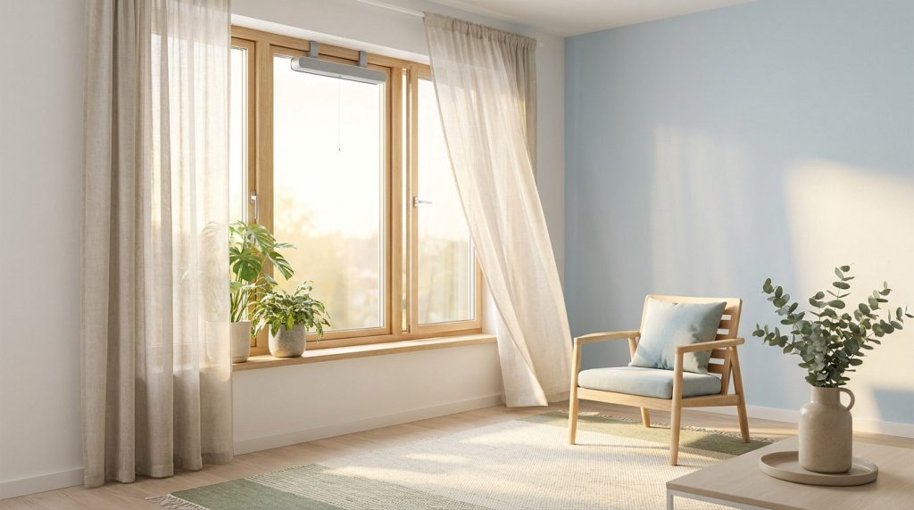 Pièce lumineuse avec un système d'aération de fenêtre sans perçage visible. Plantes, fauteuil en bois et rideaux légers. Ambiance saine.