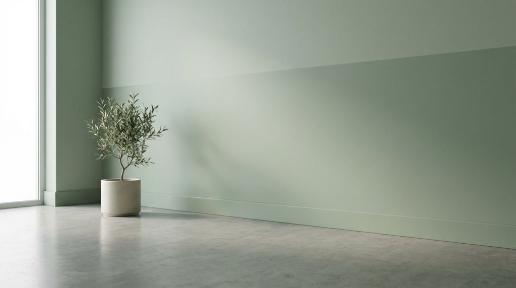 Coin de pièce moderne avec murs verts clairs en deux tons. Plinthes et mur inférieur vert sauge assortis. Sol en béton et olivier.