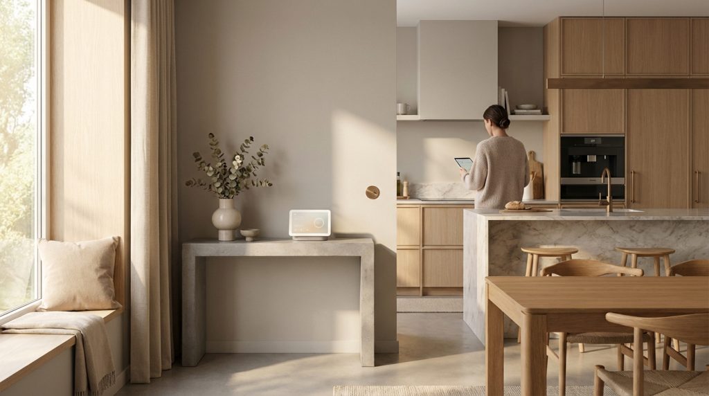 Intérieur moderne beige et bois clair. Femme dans cuisine équipée avec tablette. Écran intelligent sur console. Ambiance lumineuse et connectée.