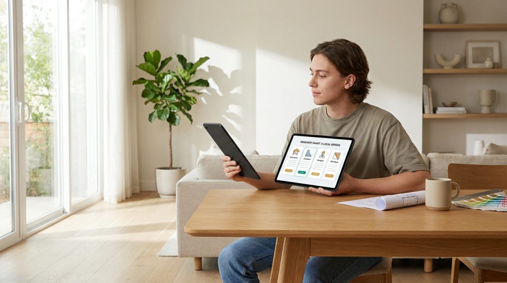 Un jeune homme consulte une tablette affichant des options de rénovation (entrepreneur, architecte) dans un salon moderne.
