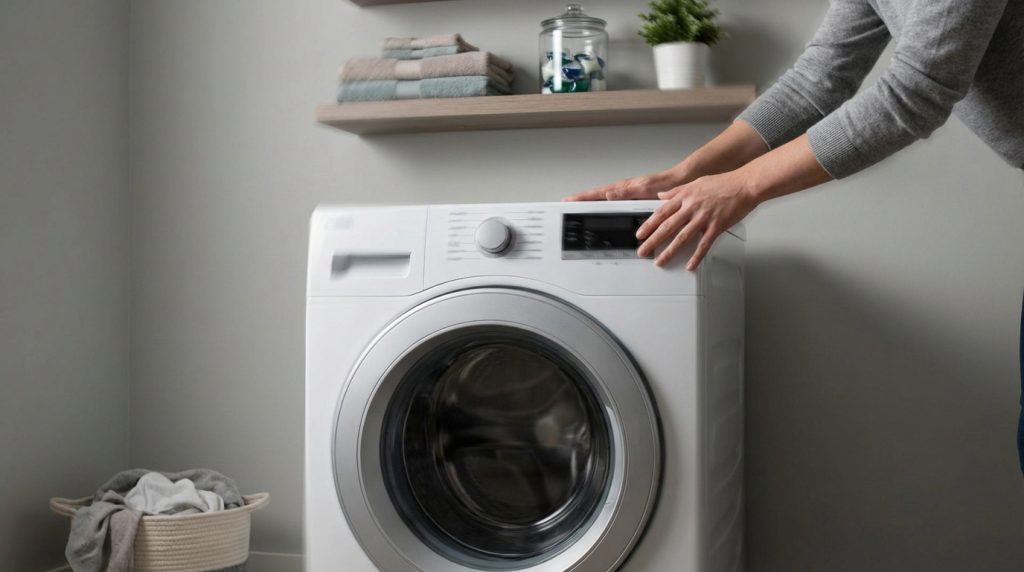 Personne aux mains posées sur une machine à laver blanche en fonction, dans une buanderie moderne avec étagère.