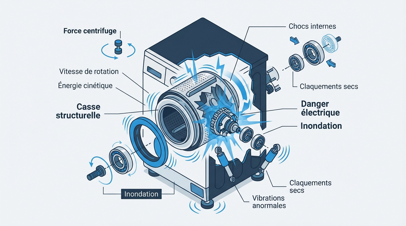 Vue éclatée d'un lave-linge montrant les composants mécaniques et les zones de chocs potentiels