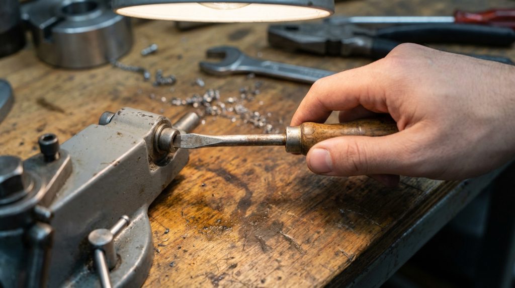 Main utilisant un tournevis plat pour ajuster une vis hexagonale sur un étau d'atelier. Établi encombré de copeaux métalliques.