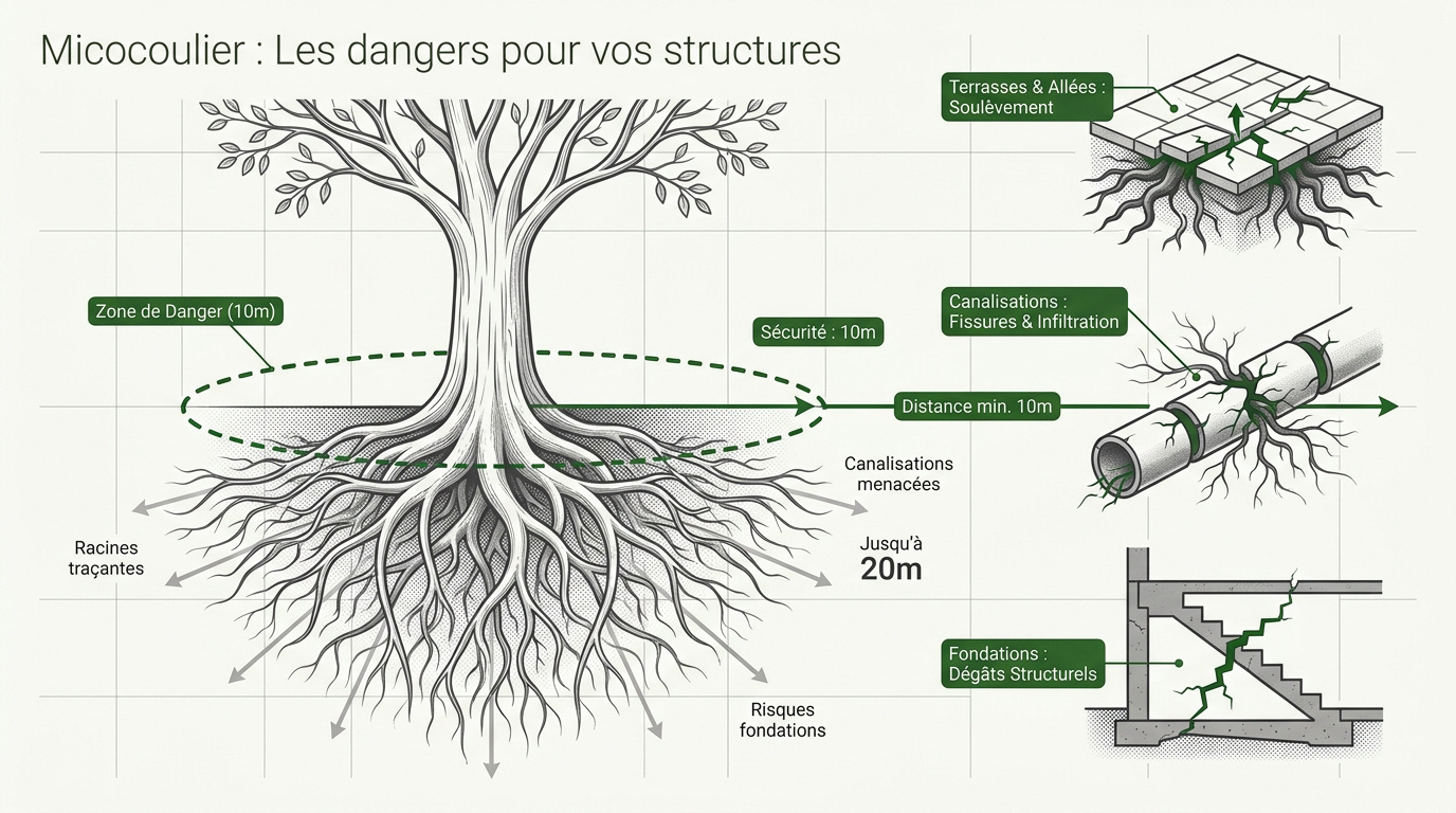 Dégâts des racines de micocoulier sur une structure maçonnée et une allée fissurée