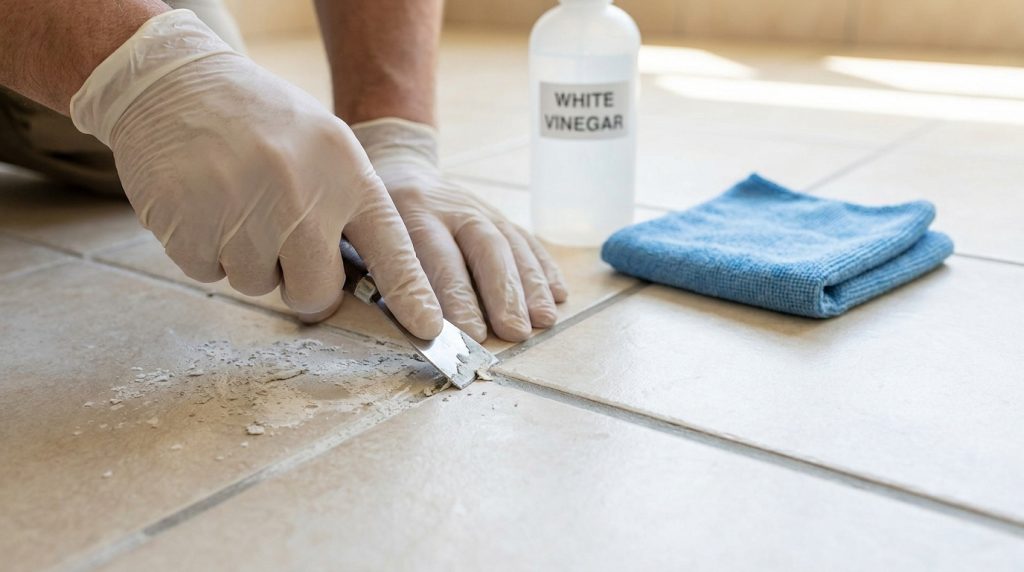 Mains gantées grattant un surplus de joint de carrelage sec avec un outil. Bouteille de vinaigre blanc et chiffon bleu sur les carreaux.