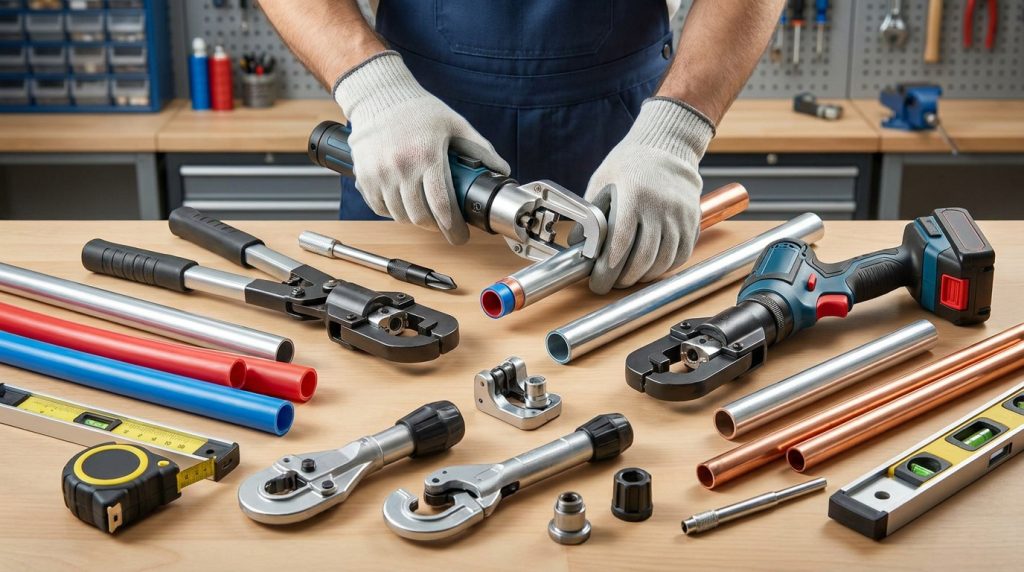 Un plombier ganté sertit un tuyau avec une machine électrique, entouré d'outils (sertisseuses, coupe-tubes) et de tuyaux variés.