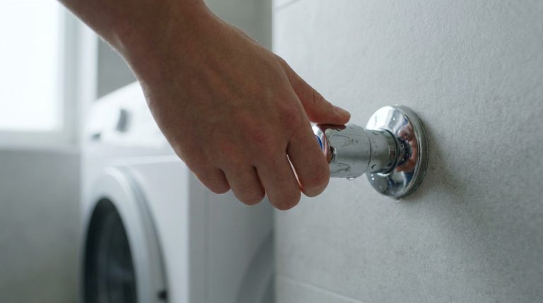 Main tournant un robinet mural chromé avec des gouttelettes d'eau. Une machine à laver est floue en arrière-plan.