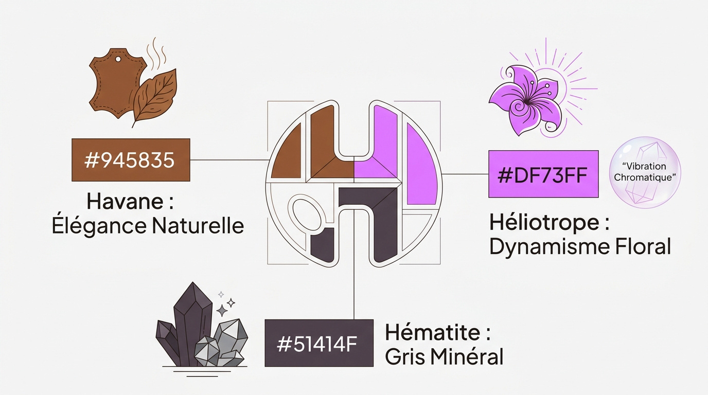 Palette de couleurs incluant le Havane, l'Héliotrope et l'Hématite