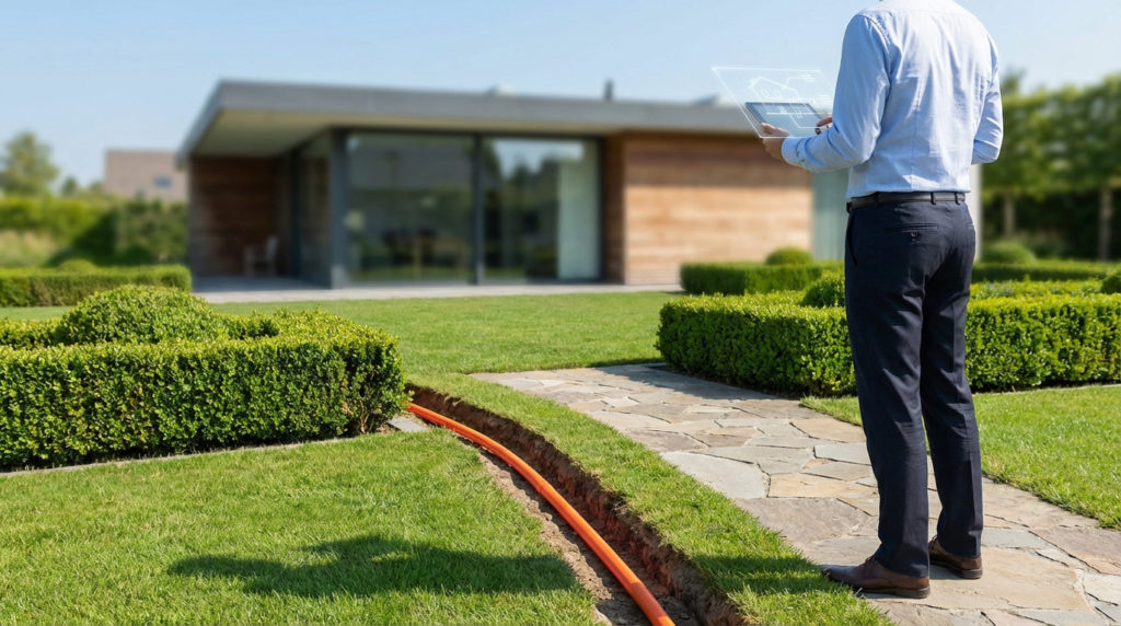 Homme avec tablette transparente planifie l'enfouissement d'une ligne électrique (conduit orange) dans un jardin devant une maison moderne.