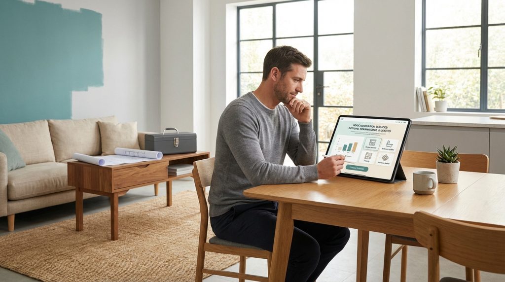 Un homme consulte des options et devis de rénovation sur tablette dans un intérieur moderne en cours de travaux.