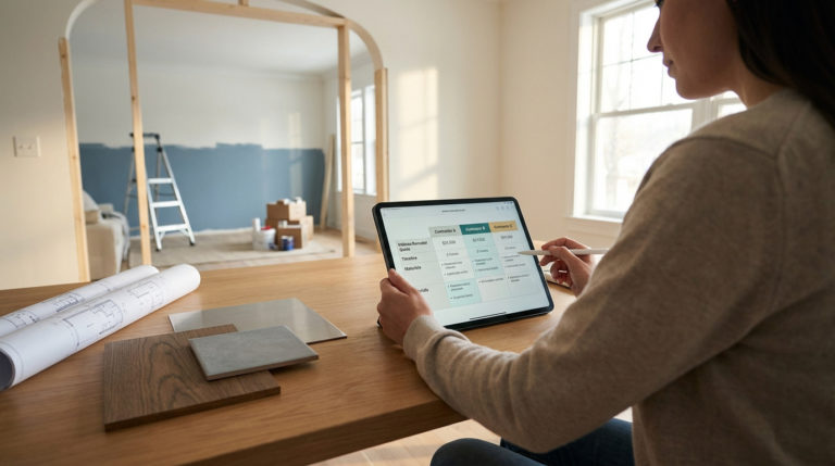Personne comparant des devis de rénovation sur tablette. Plans, échantillons et pièce en travaux en arrière-plan.