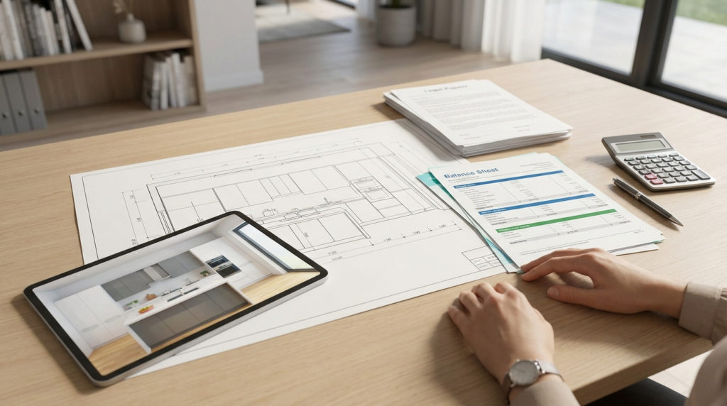 Personne étudiant des plans de cuisine et un rendu 3D sur tablette, avec documents financiers et calculatrice sur bureau en bois.