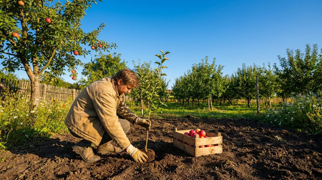 Plantation d'un pommier. Un homme en gants et veste beige met un jeune arbre en terre dans un verger ensoleillé.