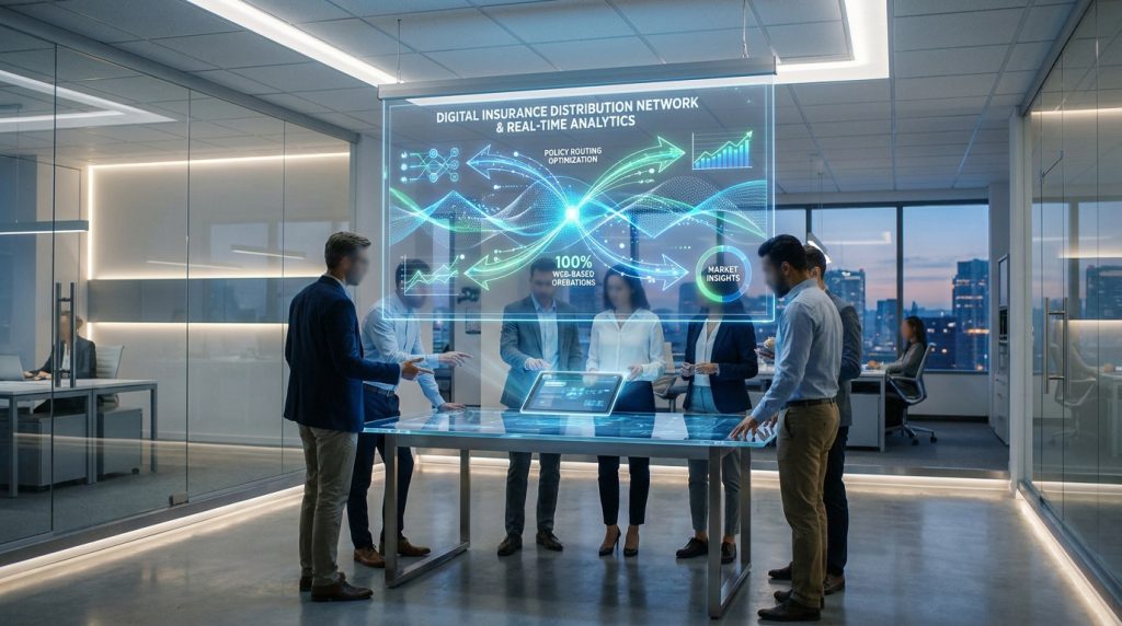 Professionnels devant un écran holographique affichant des analyses de distribution d'assurance numérique.