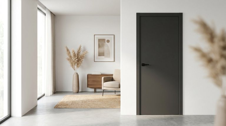 Porte anthracite encastrée dans un mur blanc, ouvrant sur un intérieur lumineux avec pampas, meuble bois, fauteuil beige et tapis.