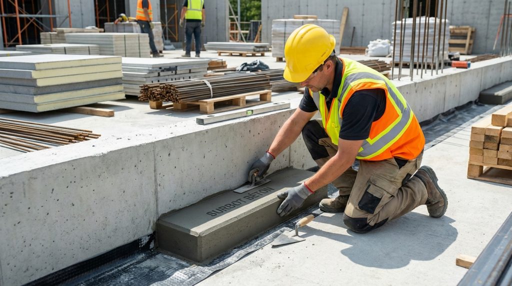 Ouvrier en gilet haute visibilité et casque jaune installant un élément de béton préfabriqué sur un chantier.