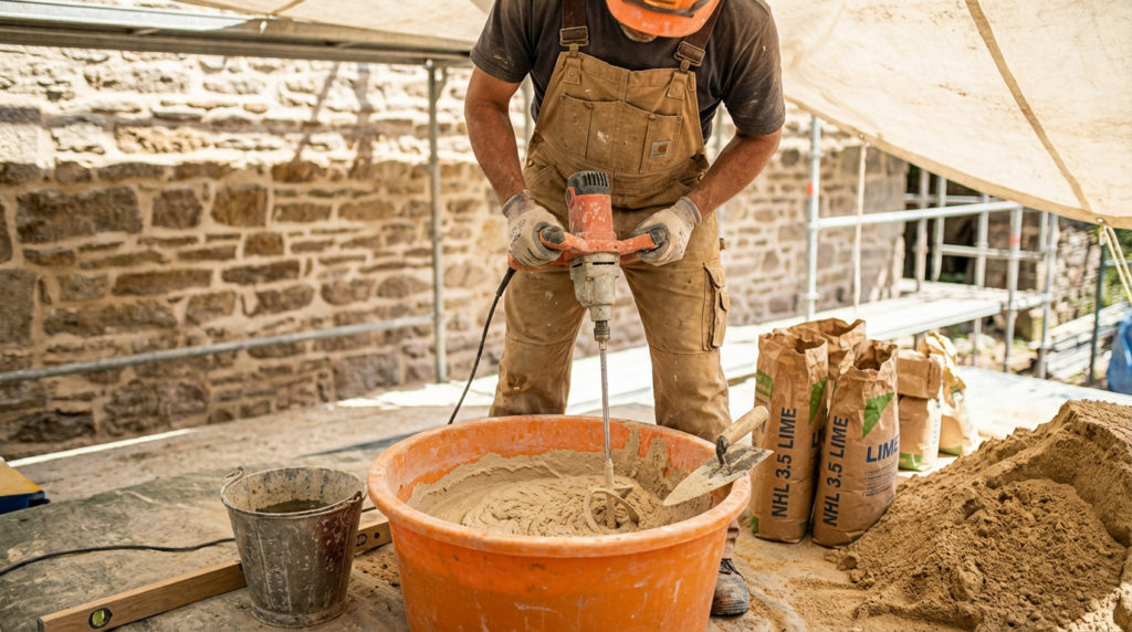 Un ouvrier mélange du mortier de chaux et sable dans une bassine, devant un mur en pierre et des sacs de chaux NHL 3.5.