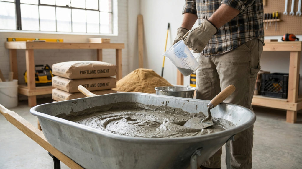 Un ouvrier avec des gants prépare du mortier dans une brouette, ajoutant des ingrédients. Des sacs de ciment et du sable à l'arrière.