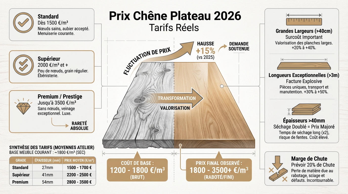 Tableau de prix du chêne en plateau selon la qualité et l'épaisseur en 2026