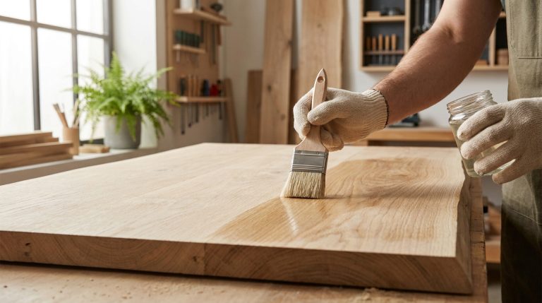 Une main gantée applique au pinceau un produit de protection transparent sur une grande planche de bois clair dans un atelier de menuiserie.