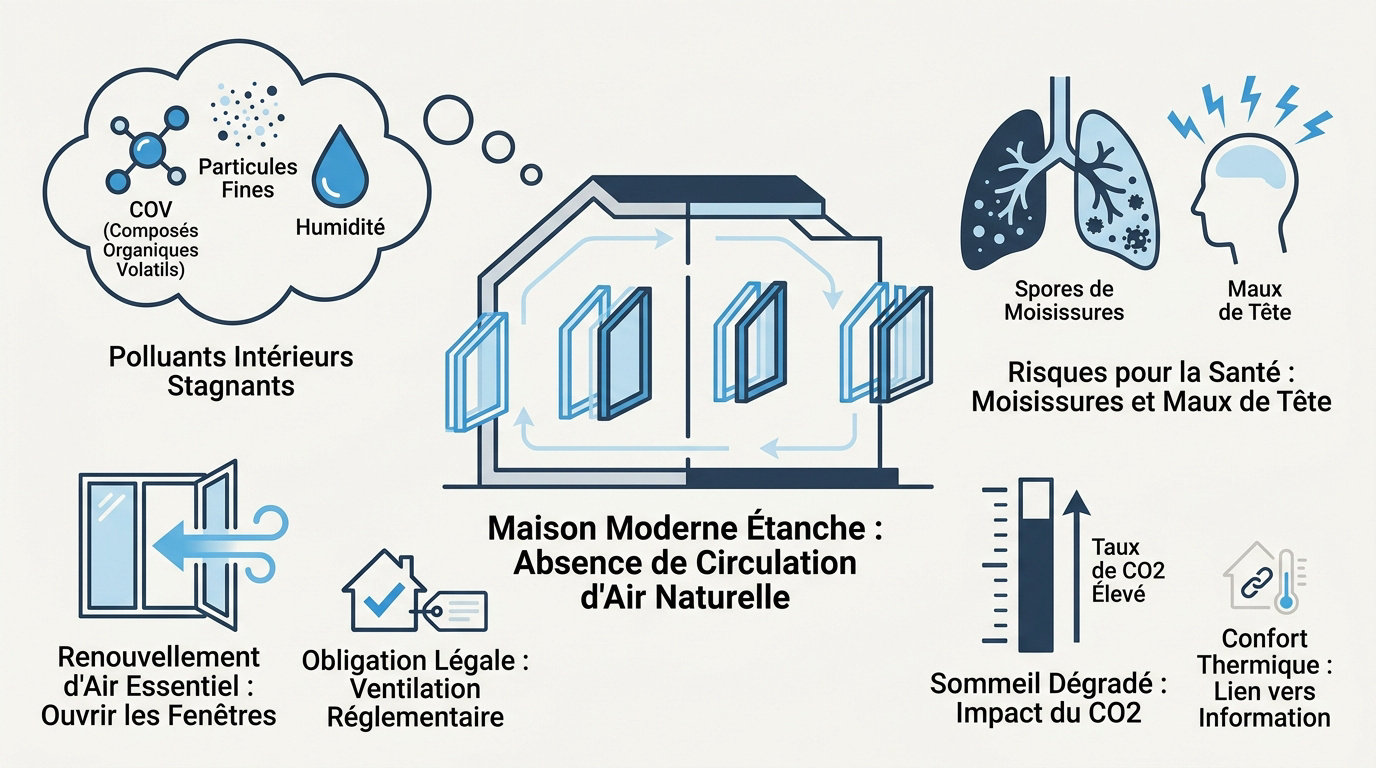 Schéma de la qualité de l'air dans une maison étanche et isolée
