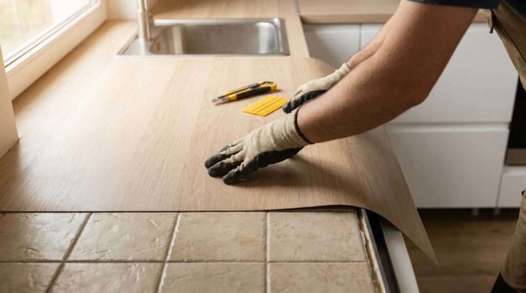 Gros plan sur des mains gantées posant un revêtement stratifié imitation bois sur un ancien plan de travail carrelé de cuisine.
