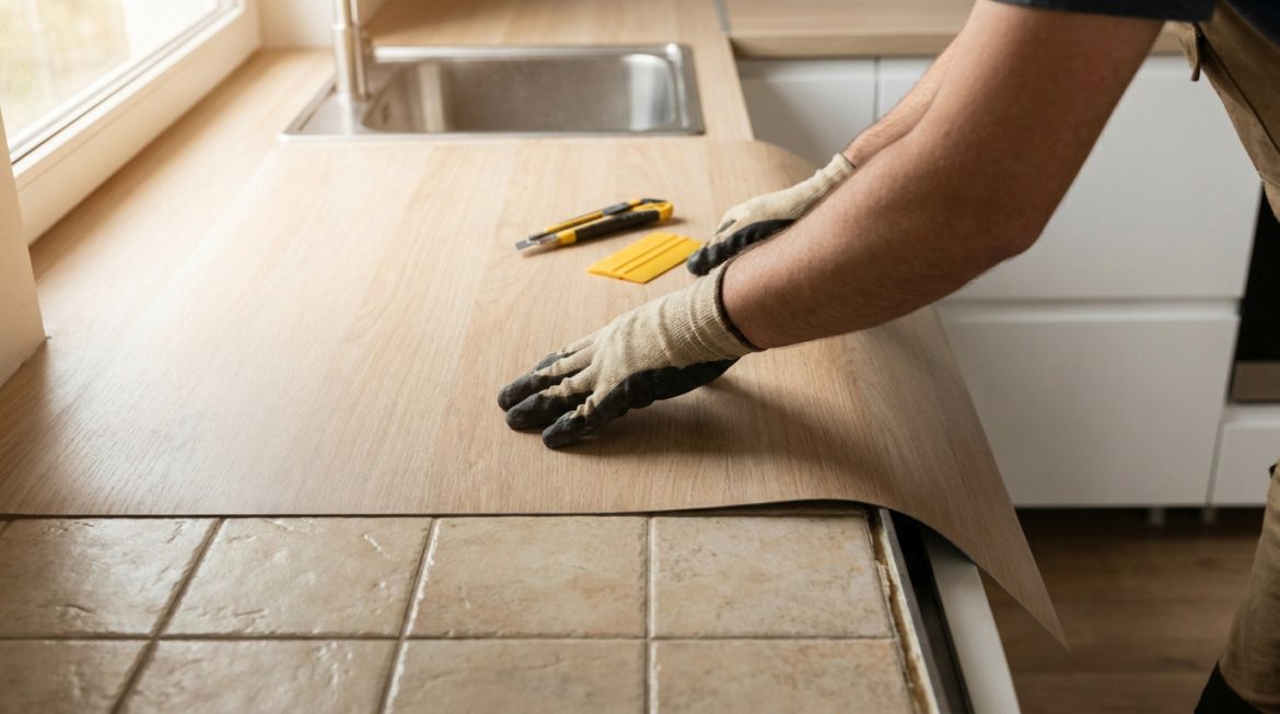 Gros plan sur des mains gantées posant un revêtement stratifié imitation bois sur un ancien plan de travail carrelé de cuisine.