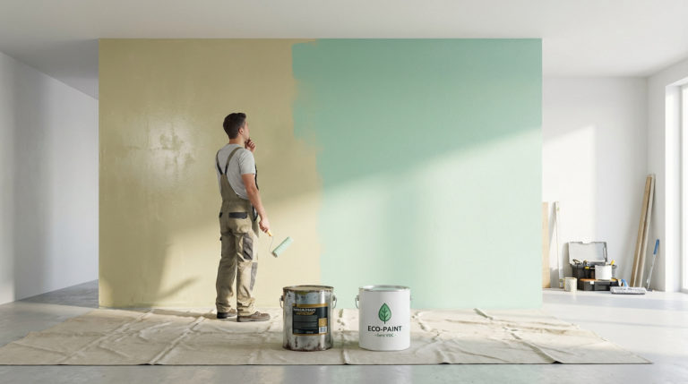 Peintre devant un mur partiellement repeint en vert menthe sur beige. Deux pots de peinture, l'un ancien, l'autre "ECO-PAINT", au sol.
