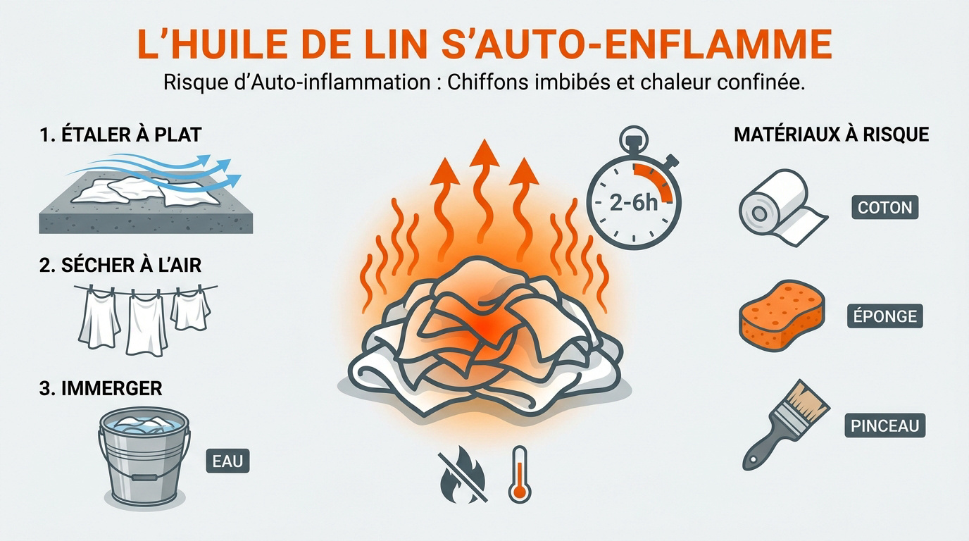 Chiffons imbibés d'huile de lin présentant un risque d'auto-combustion spontanée