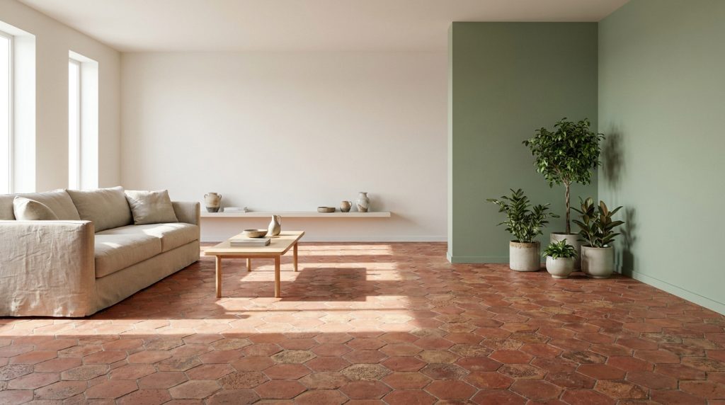 Salon lumineux avec sol en tomettes hexagonales rouges, murs blancs et vert sauge, canapé beige, table basse et plantes vertes.