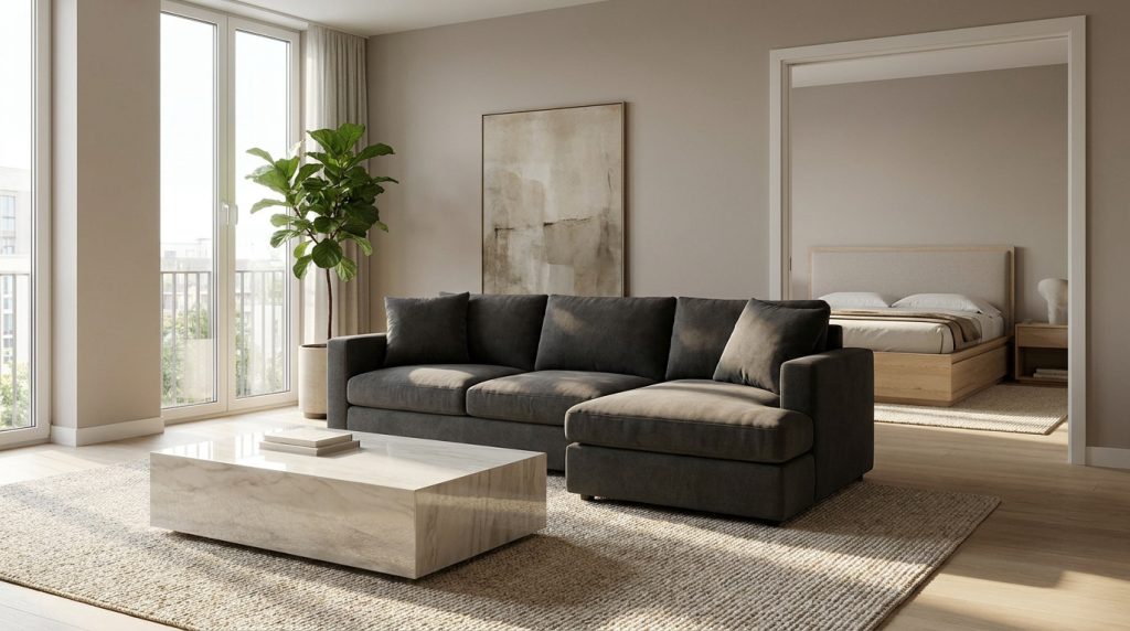 Salon moderne lumineux avec canapé d'angle gris, table basse en marbre, plante verte et tableau abstrait.