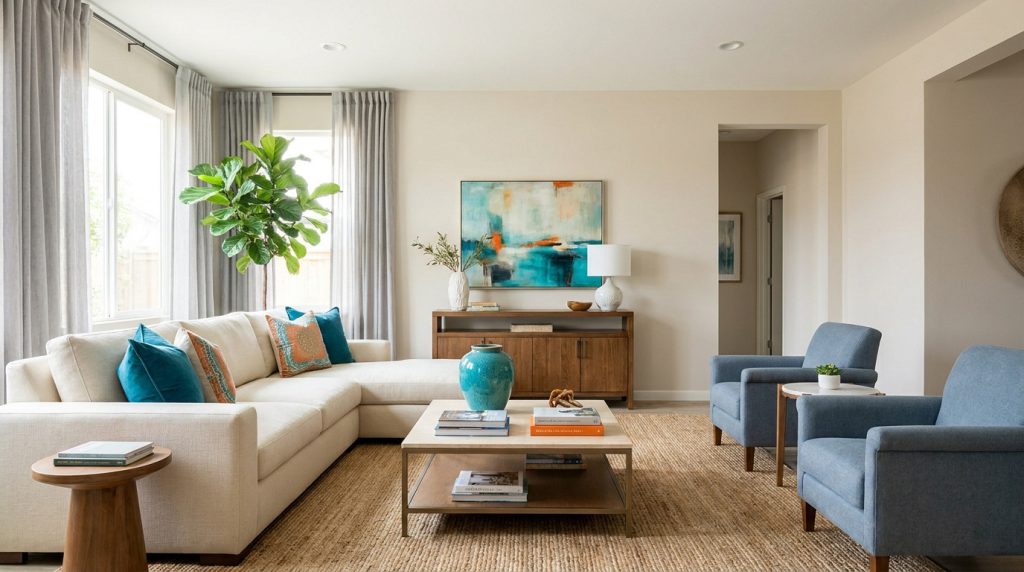 Salon contemporain avec canapé crème, fauteuils bleus, table basse, console en bois et tableau abstrait bleu et orange.