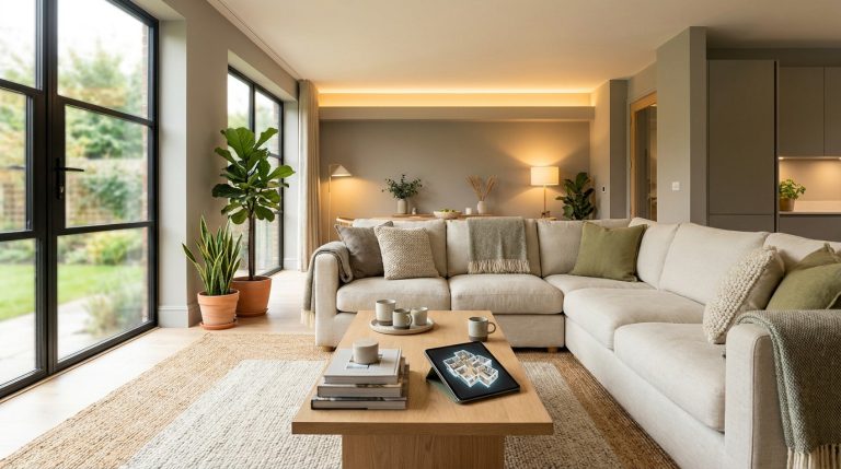 Salon moderne avec grand canapé beige, table basse en bois et grandes fenêtres. Une tablette affiche un plan 3D.