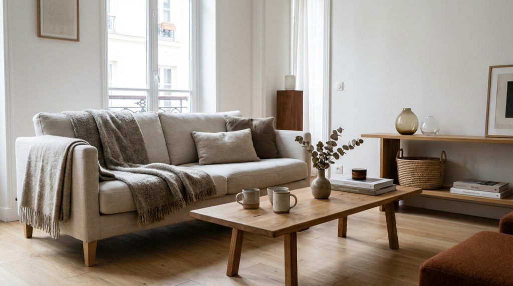 Un salon moderne et épuré avec un canapé beige clair, des plaids douillets, une table basse en bois et une grande fenêtre lumineuse.
