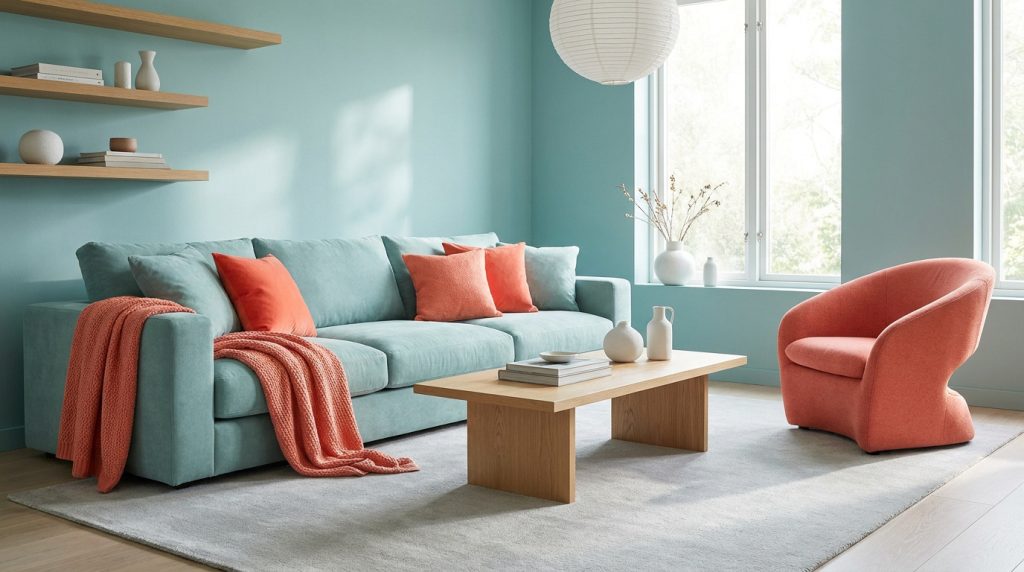 Salon lumineux avec canapé vert d'eau, coussins et plaid orange corail, fauteuil assorti, murs turquoises, table basse en bois clair.