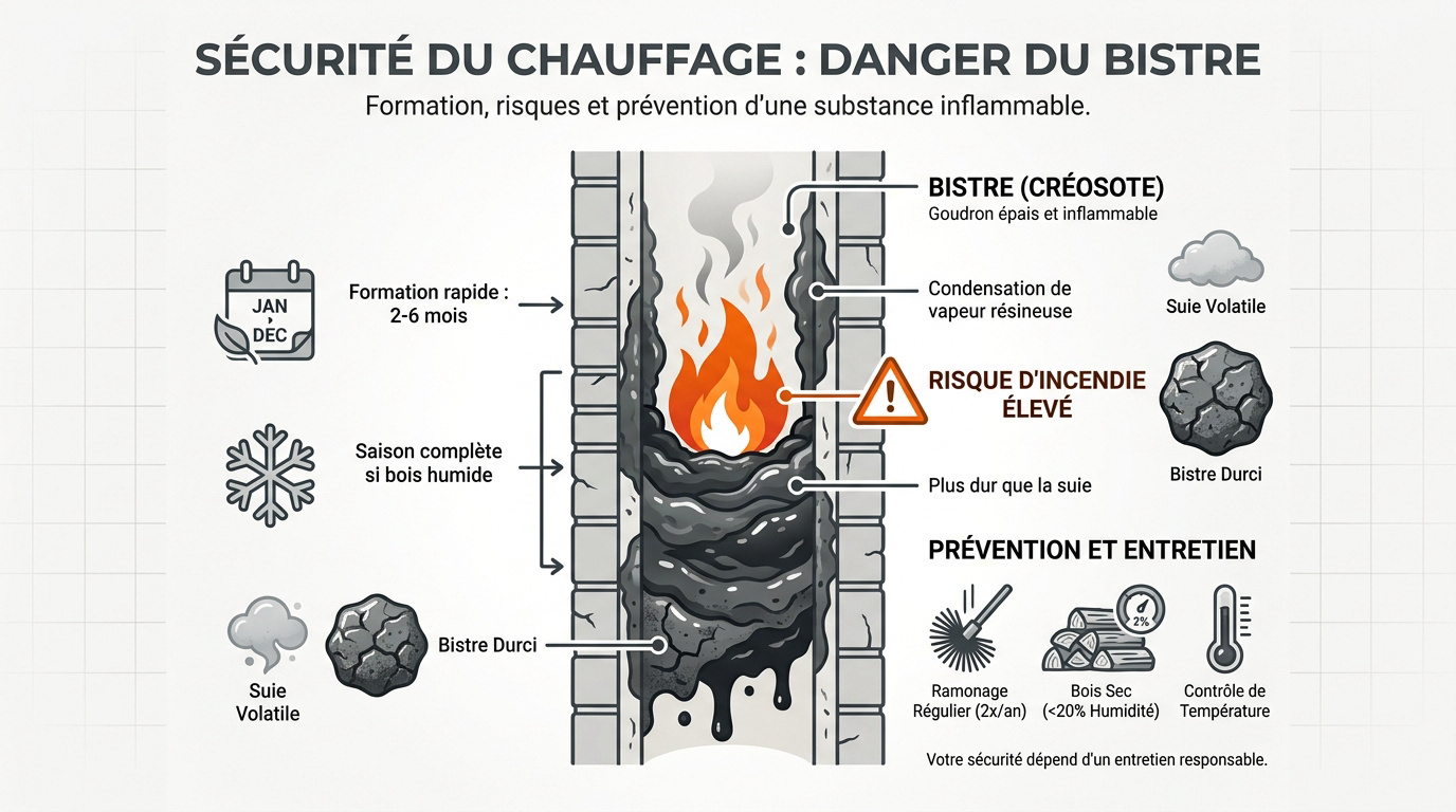 Accumulation de bistre dangereux dans un conduit de cheminée en acier