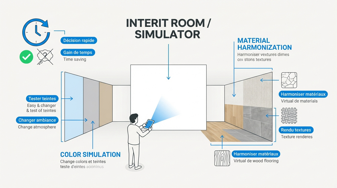 Interface interactive du simulateur de décoration intérieure pour tester les couleurs de murs