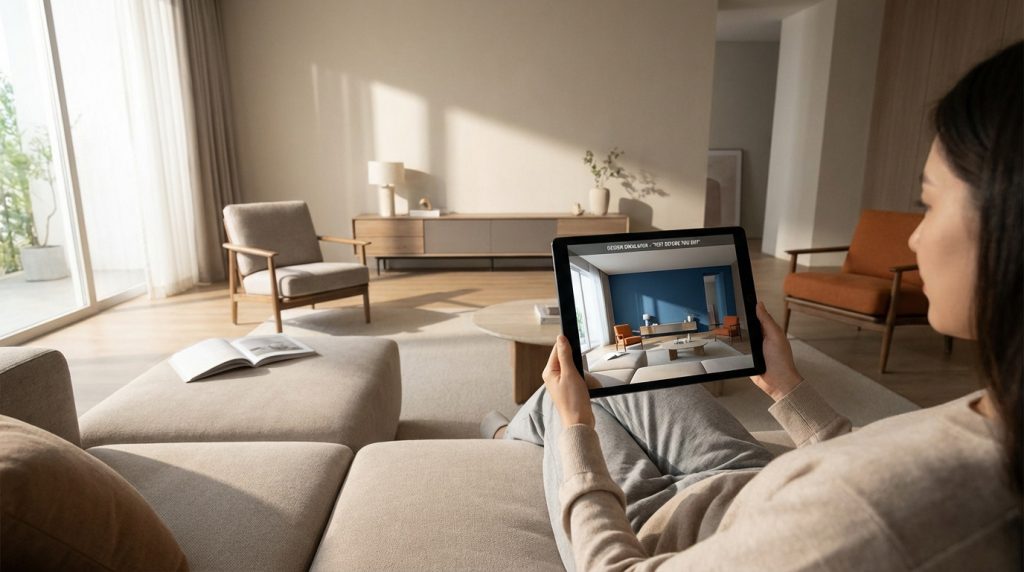Une personne sur un canapé utilise une tablette pour un simulateur de déco, montrant un salon avec des murs bleus, contrastant avec la pièce réelle.