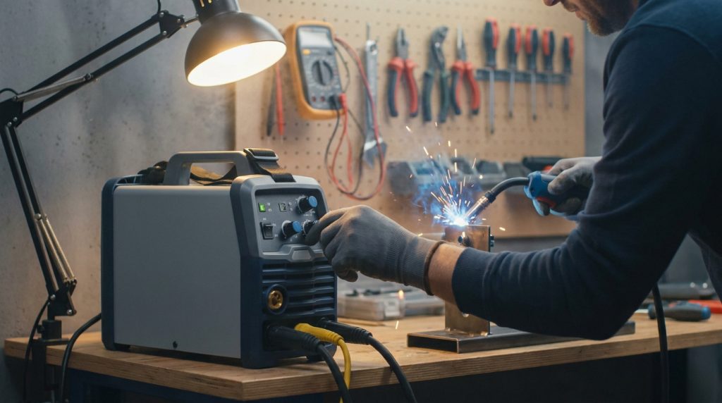 Un soudeur ajuste un poste à souder Parkside sur un établi, créant des étincelles vives. Un atelier bien organisé en arrière-plan.