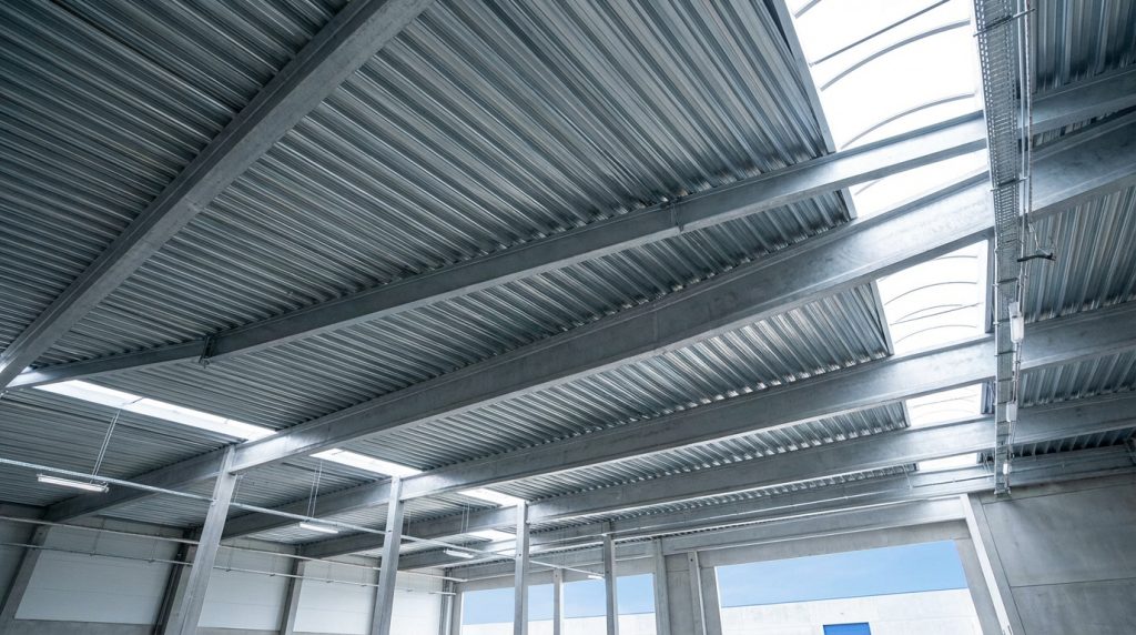 Vue du plafond d'un bâtiment industriel: structure métallique grise, bac acier ondulé, puits de lumière et chemin de câbles.