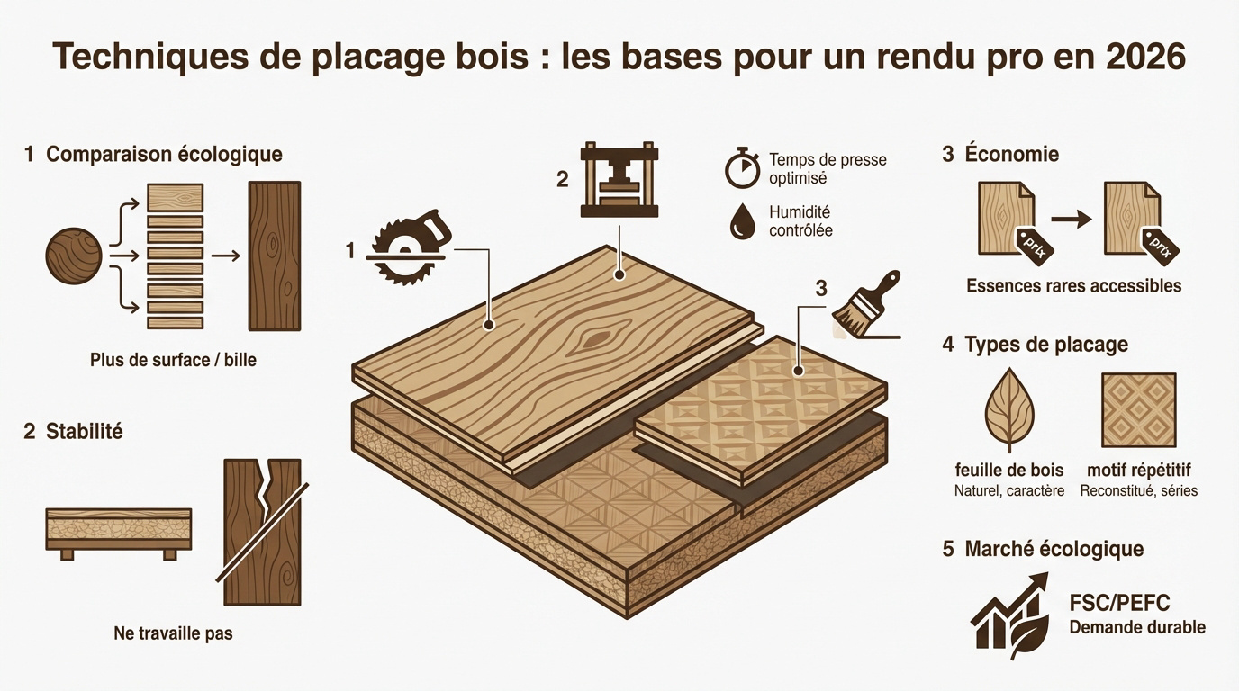Artisan ébéniste appliquant une feuille de placage bois sur un panneau de meuble