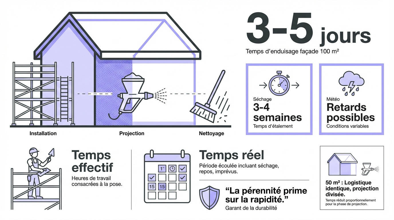 Artisan façadier appliquant un enduit sur une façade de maison individuelle