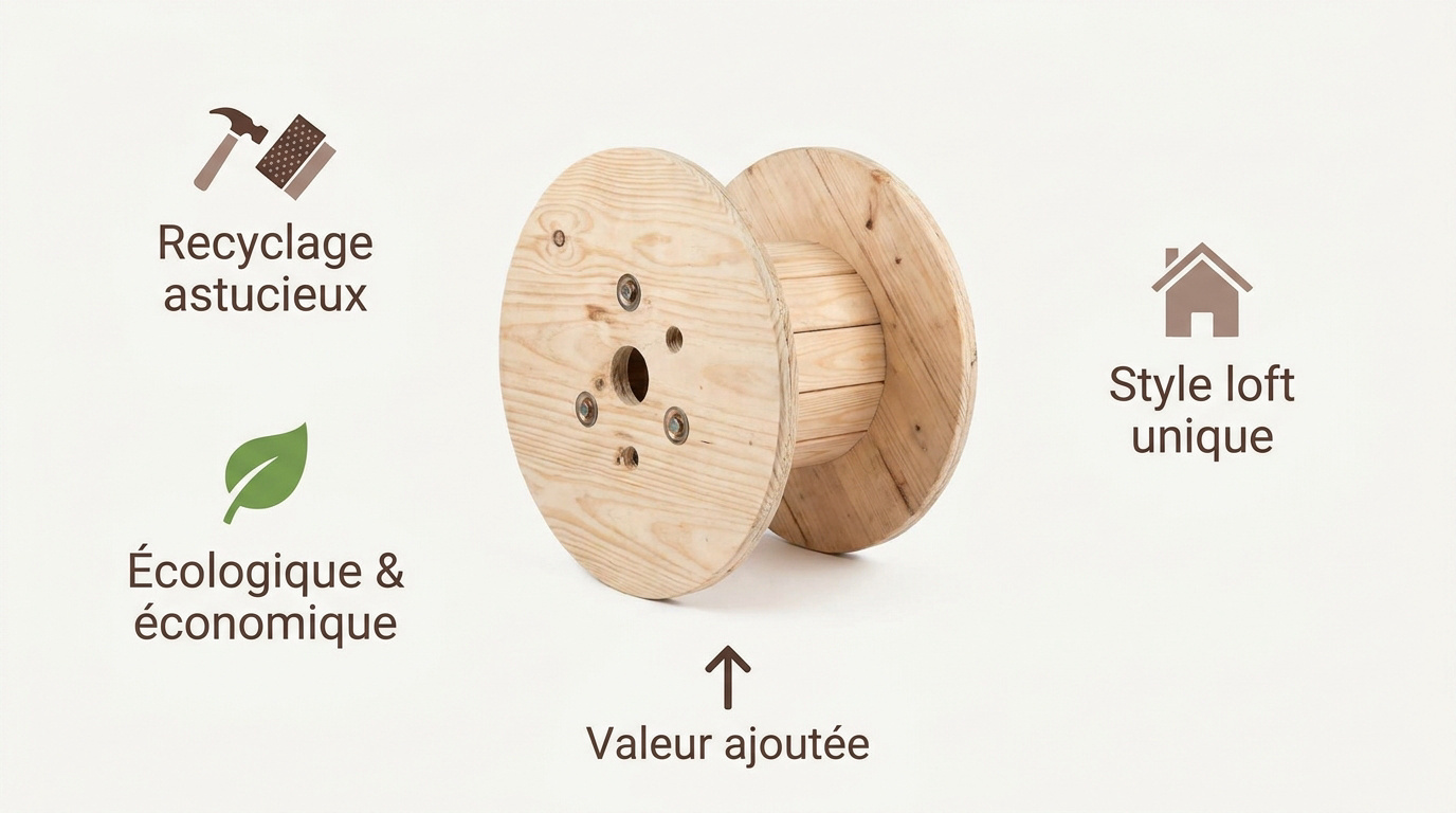 Touret en bois transformé en table basse style industriel pour un salon moderne