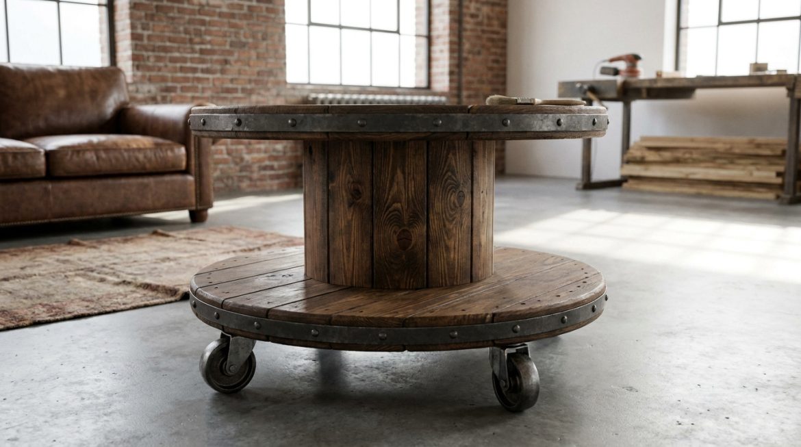 Gros plan sur une table basse fabriquée à partir d'un touret en bois foncé avec des cerclages métalliques et des roulettes, dans un intérieur style loft.