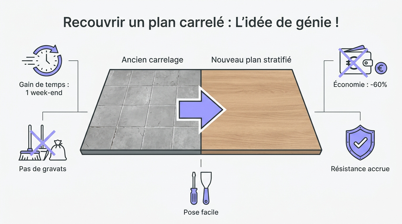 Transformation d'un plan de travail carrelé avec un revêtement stratifié moderne