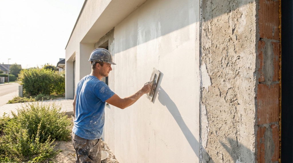 Ouvrier en casque et t-shirt bleu appliquant de l'enduit sur un mur extérieur de maison avec une truelle. Mur partiellement brut et lisse.