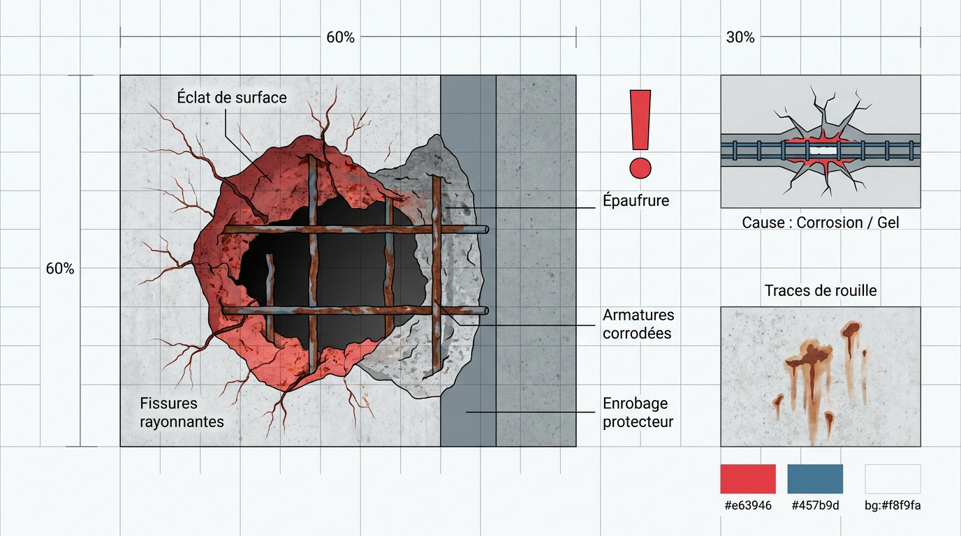 Analyse technique d'une épaufrure de béton montrant la corrosion des armatures et l'éclat de surface