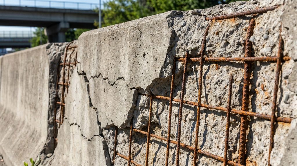 Mur en béton armé endommagé montrant de l'épaufrure, des fissures et des barres d'armature en acier rouillées exposées.
