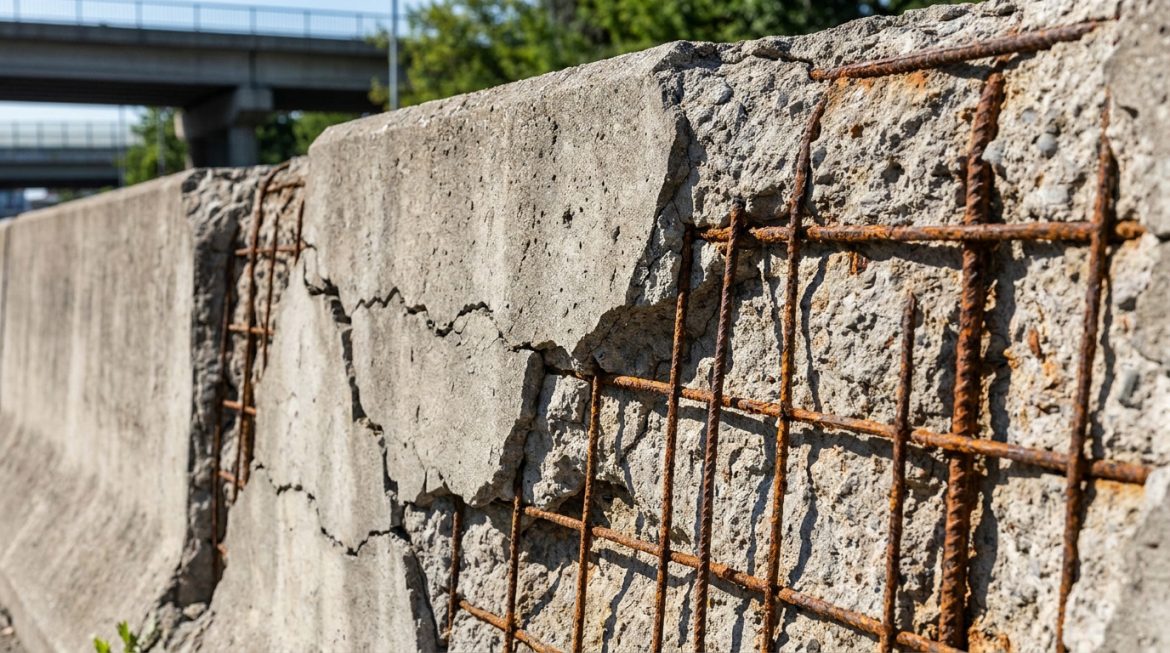 Mur en béton armé endommagé montrant de l'épaufrure, des fissures et des barres d'armature en acier rouillées exposées.