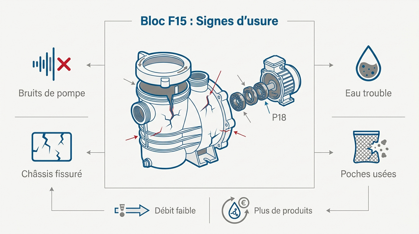 Inspection visuelle d'un bloc de filtration Desjoyaux F15 présentant des signes d'usure